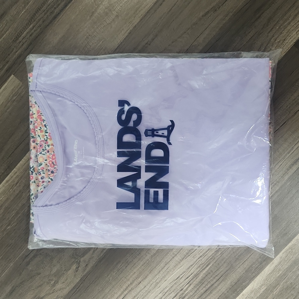 NWT Lands' End T Shirt Pajamas.   Floral print bottom with purple top. Size M.